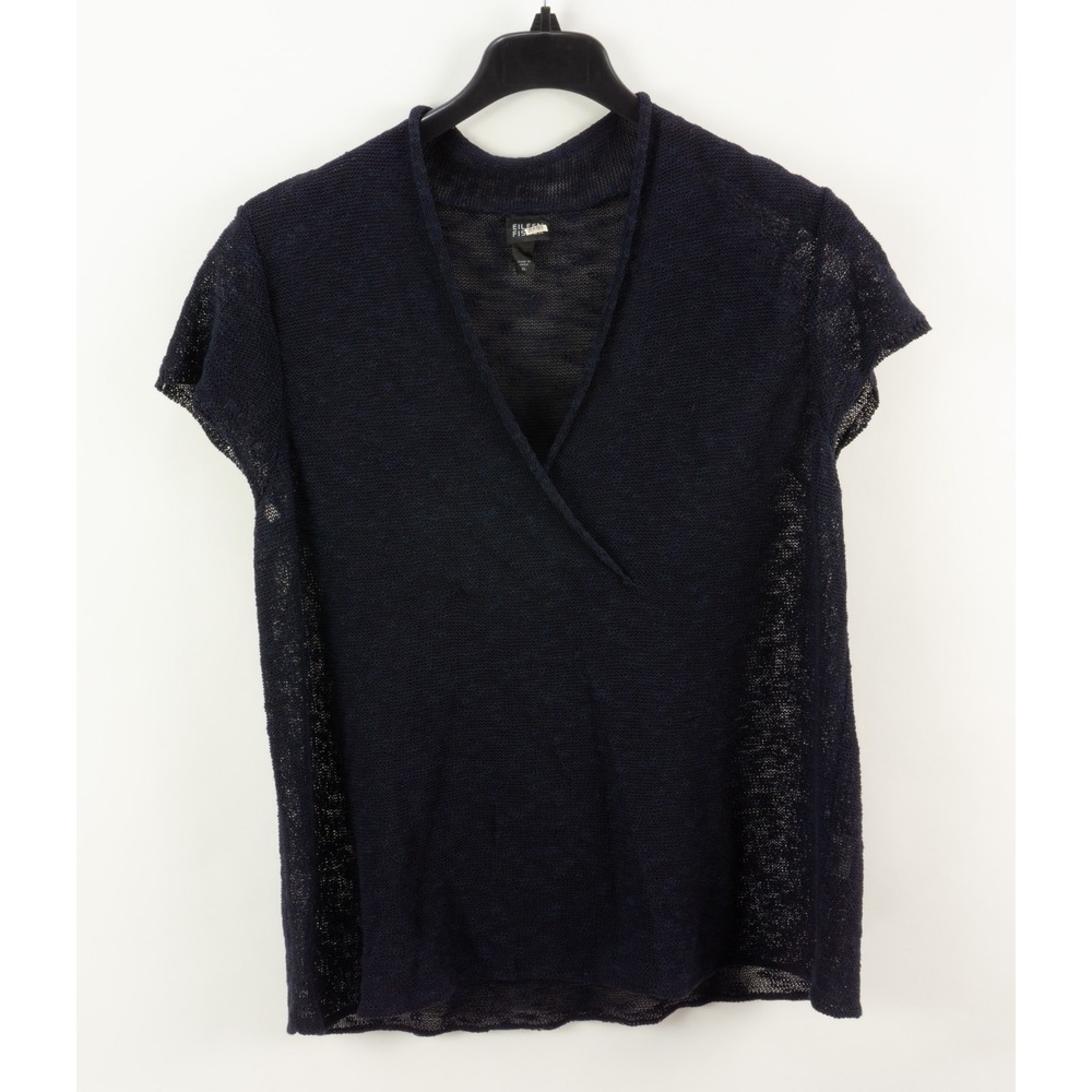Eileen Fisher Linen Indigo Blue Sheer Roll Neck Short Sleeve V-Neck Top Women XL